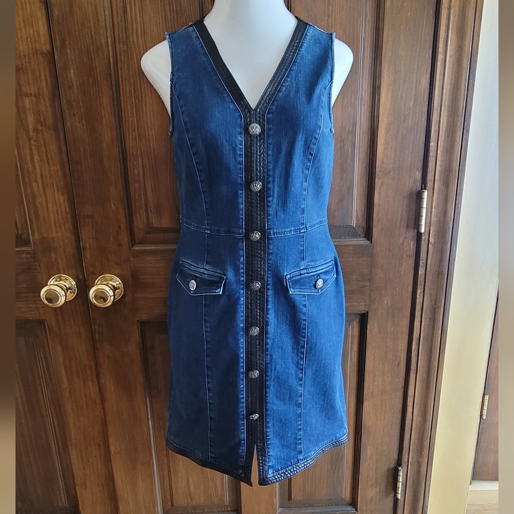 White House Black Market Sz 8 Sleeveless Dark Blue Denim Button-Front Dress